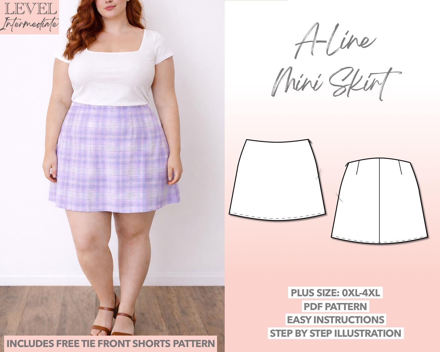 Plus Size Skirt Pattern, 0XL-4XL, A-line Skirt, Mini Skirt, High