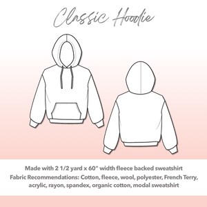 Illustration and detailed description for Plus Size Mens Classic Hoodie sewing pattern. Made with 2½ yard x 60” width fleece backed sweatshirt and ¼ yard of rib knit. Other Fabric Recommendations: Cotton, fleece, wool, polyester, French Terry, acrylic, rayon, spandex, organic cotton, modal sweatshirt
