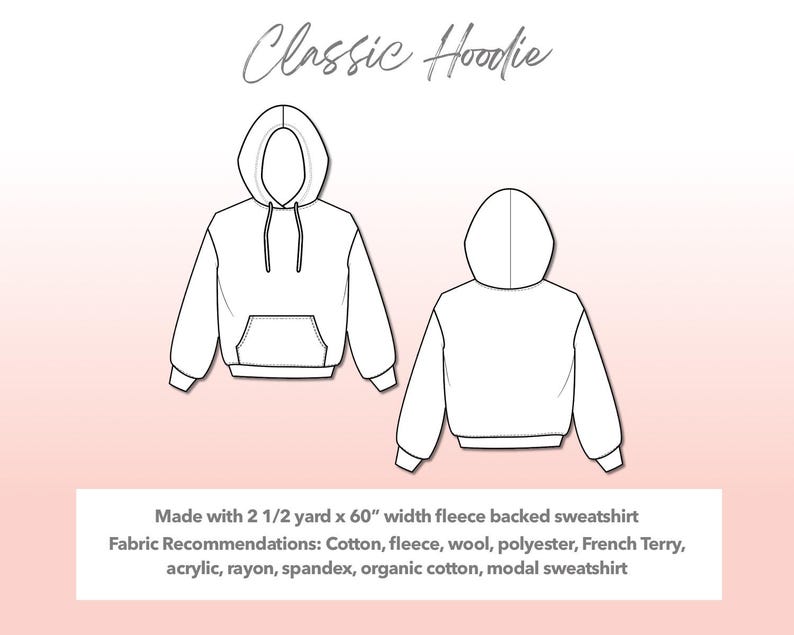 Illustration and detailed description for Plus Size Mens Classic Hoodie sewing pattern. Made with 2½ yard x 60” width fleece backed sweatshirt and ¼ yard of rib knit. Other Fabric Recommendations: Cotton, fleece, wool, polyester, French Terry, acrylic, rayon, spandex, organic cotton, modal sweatshirt