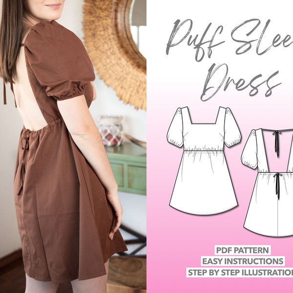 Puff Sleeve Dress Sewing Pattern Women Dress Sewing Pattern Backless Dress Pattern Square Neck Mini Dress PDF Pattern Dress