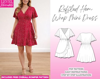 Ruffle Hem Faux Wrap Mini Dress Sewing Pattern (PDF Download XS-XXXL)