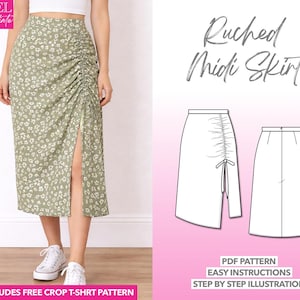 Patrón de costura para falda con cordón, patrón de falda midi fruncida, patrón de costura elegante para mujer, patrón de falda midi en PDF, patrón de costura para falda lencera, patrón de costura de moda