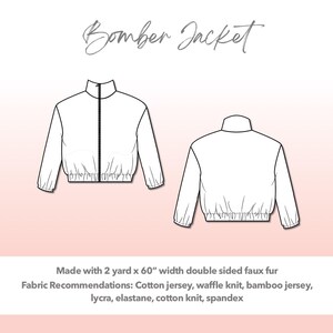Illustration and detailed description for Plus Size Mens Bomber Jacket sewing pattern. Made with 2 yard x 60” width double sided faux fur. Other Fabric Recommendations: cotton twill, wood blends, suede, faux leather, nylon, cotton, rayon twill, crepe.