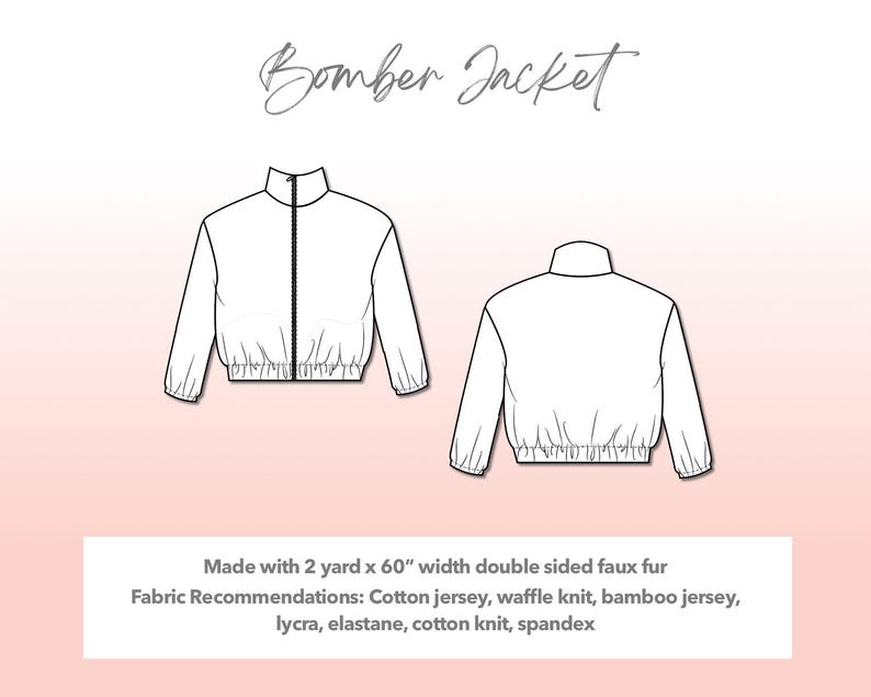Illustration and detailed description for Plus Size Mens Bomber Jacket sewing pattern. Made with 2 yard x 60” width double sided faux fur. Other Fabric Recommendations: cotton twill, wood blends, suede, faux leather, nylon, cotton, rayon twill, crepe.