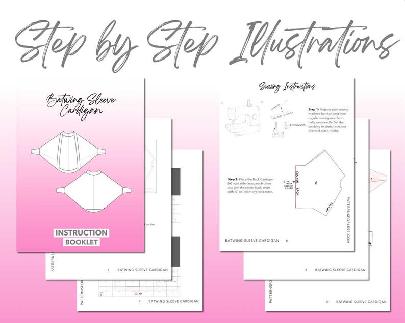 Batwing Sleeve Cardigan sewing pattern instruction booklet showing step by step illustrations to make the garment.