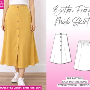 Skirt Sewing Pattern Button Front Midi Skirt PDF Pattern Easy Women Skirt Sewing Pattern High Waist Skirt Pattern Long Skirt Sewing Pattern