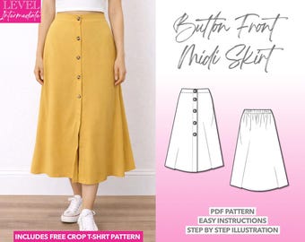 Skirt Sewing Pattern Button Front Midi Skirt PDF Pattern Easy Women Skirt Sewing Pattern High Waist Skirt Pattern Long Skirt Sewing Pattern