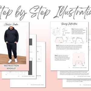 Plus Size Mens Classic Hoodie sewing pattern instruction booklet showing step by step illustrations to make the garment.