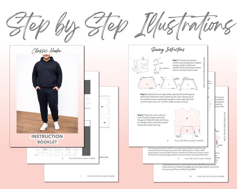Plus Size Mens Classic Hoodie sewing pattern instruction booklet showing step by step illustrations to make the garment.