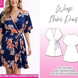 Wrap Dress Sewing Pattern Kimono Sleeve Dress Mini Dress PDF Pattern Easy Women Dress Pattern Beginner Friendly Summer Pattern Day Dress