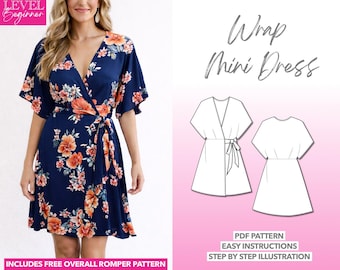 Wrap Dress Sewing Pattern Kimono Sleeve Dress Mini Dress PDF Pattern Easy Women Dress Pattern Beginner Friendly Summer Pattern Day Dress