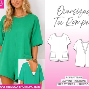Oversized Tee Romper Sewing Pattern PDF Pattern Women Sewing Pattern T Shirt Romper Pattern Casual Playsuit Pattern Loose Fit Romper Tee
