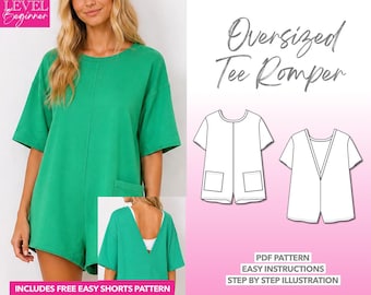 Oversized Tee Romper Sewing Pattern PDF Pattern Women Sewing Pattern T Shirt Romper Pattern Casual Playsuit Pattern Loose Fit Romper Tee