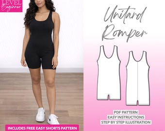 Unitard Romper Sewing Pattern: Stretchy Jumpsuit, Yoga Leggings (PDF Download, XS–XXXL)