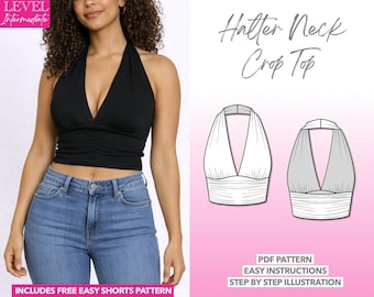 Backless Crop Top Sewing Pattern Easy Knit Top Pattern for Women PDF Halter Top Pattern Halter Neck Top Backless Top Sleeveless Top Beginner