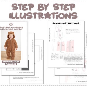 Baby Bear Ear Hooded Zipper Front Jumpsuit sewing pattern instruction booklet showing step by step illustrations to make the garment.