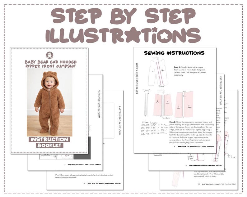 Baby Bear Ear Hooded Zipper Front Jumpsuit sewing pattern instruction booklet showing step by step illustrations to make the garment.
