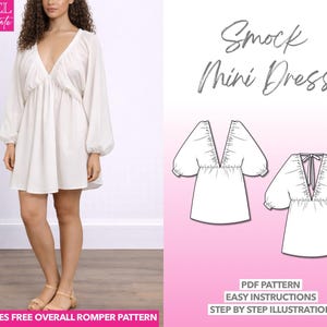 Smock Kleid Schnittmuster: Tiefer Ausschnitt Laternenärmel (PDF Download XS-XXXL)