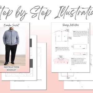 Plus Size Mens Bomber Jacket sewing pattern instruction booklet showing step by step illustrations to make the garment.