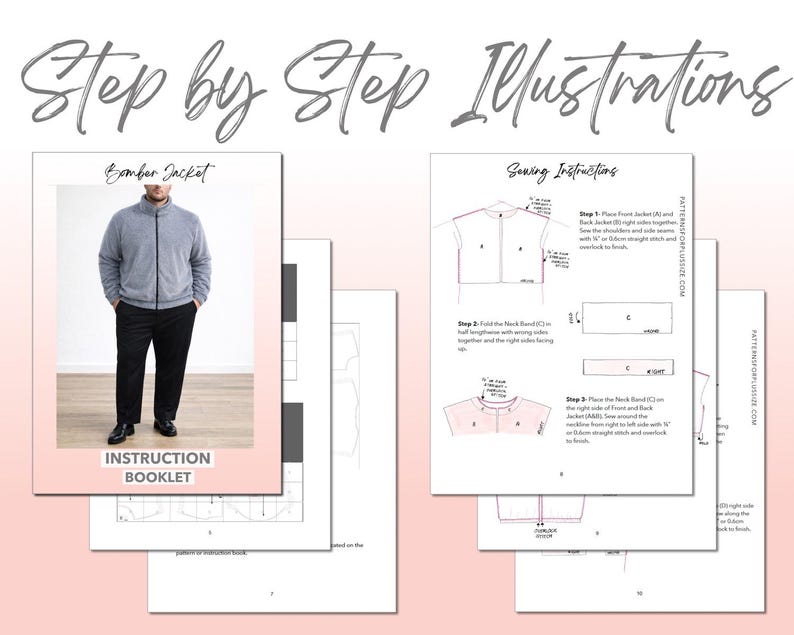 Plus Size Mens Bomber Jacket sewing pattern instruction booklet showing step by step illustrations to make the garment.