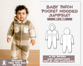 Patrón de costura para mono con capucha de bebé talla 3M-24M (Patrón PDF)