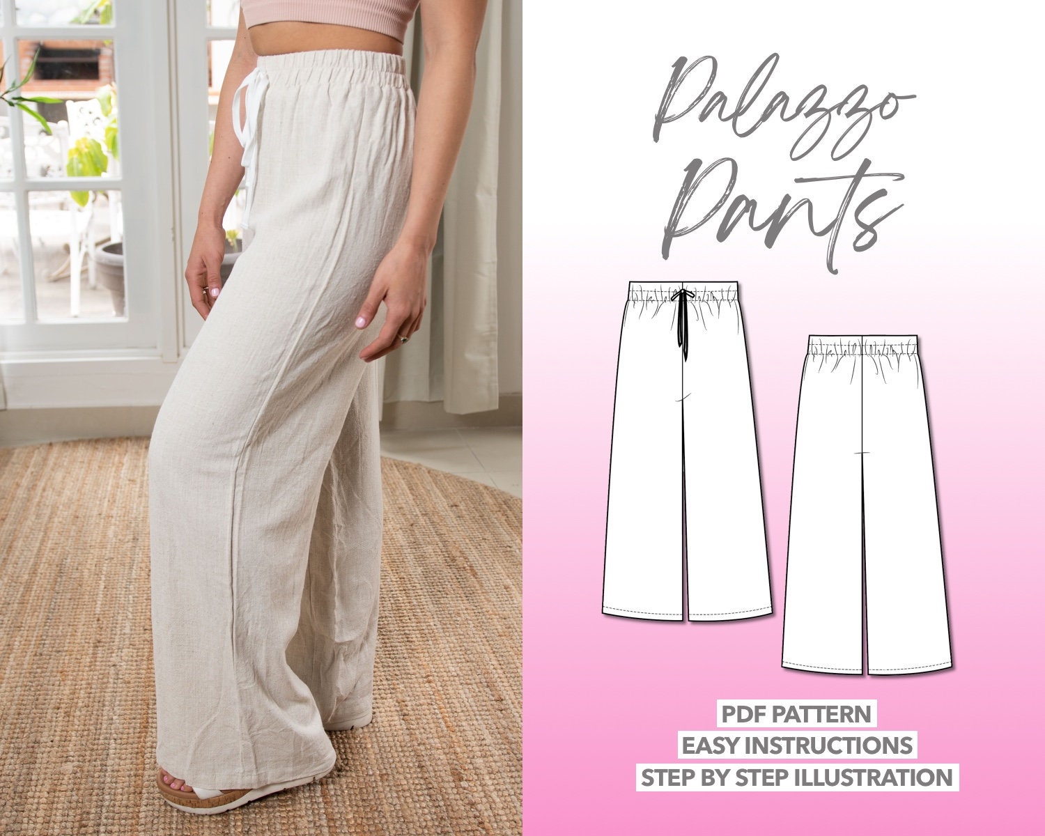 Palazzo Pants PATTERN Digital Pdf Video Tutorial, Wide Leg Trousers,  Adjustable, Drawstring, Pleated, Front Pleat, Tailored, Sewing -  Canada