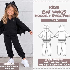 Kid Batwing Costume Sewing Pattern Child Hoodie PDF Pattern Knit Sweatpants for Kids Easy Halloween Outfit Toddler Bat Costume with Wings