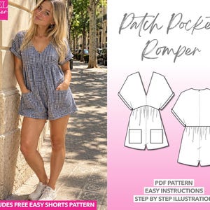 Batwing Sleeve Romper Sewing Pattern Patch Pocket Playsuit Women Plunging Neckline Romper V-Neck Romper Romper with Pockets Casual Clothing
