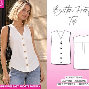 Sleeveless Top Sewing Pattern Women Linen Blouse Button Front Blouse Easy Lightweight Blouse Summer Buttoned Top Beginner Friendly Pattern