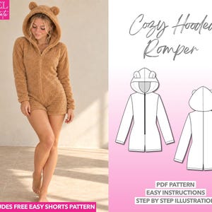 Bear Ears Hooded Romper Sewing Pattern PDF Pattern Women Sewing Pattern Pajama Romper Pattern Sleepwear Loungewear Sewing Pattern Hoodie