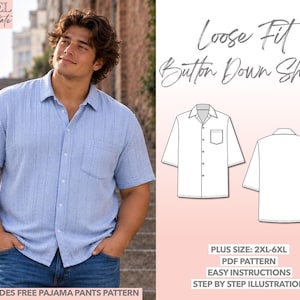 May include: A light blue short-sleeve button-down shirt with a vertical textured stripe pattern and a chest pocket. The image includes a technical line drawing of the shirt, text reading Loose Fit Button Down Shirt, and Plus Size 2XL-6XL.