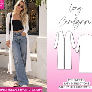 Beginner Cardigan Sewing Pattern Long Cardigan PDF Pattern Women Coat Pattern Jacket Sewing Pattern Open Front Sweater Easy Cardie Pattern