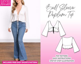 Patrón de costura para blusa peplum con mangas acampanadas: Blusa con lazo delantero (patrón PDF para tallas XS-XXXL)