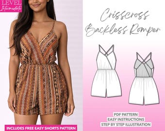 Crisscross Backless Romper Sewing Pattern Cami Romper PDF Pattern Women Sewing Pattern Playsuit Pattern Strappy Summer Romper Sewing Pattern