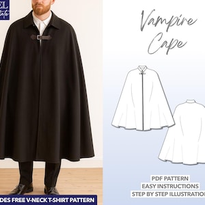 May include: A black cape with a leather buckle closure, worn over a white collared shirt and black pants. The image includes the text "Vampire Cape" and a pattern with the text "PDF Pattern, Easy Instructions, Step by Step Illustration."