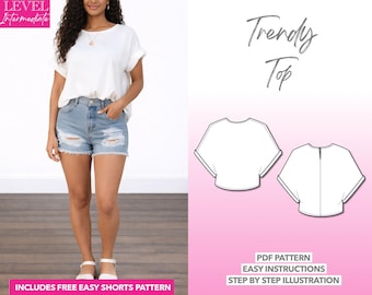 Padrão de costura para blusa com manga morcego: PDF fácil (XS-XXXL) + padrão bônus para shorts