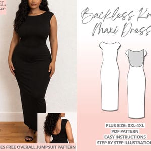 Plus Size Backless Knit Maxi Dress Sewing Pattern (0XL-4XL) (PDF Pattern)