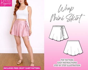 Patrón de costura de minifalda cruzada: PDF fácil (XS-XXXL) + Top corto extra
