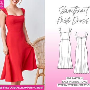 Dress Sewing Pattern Sweetheart Midi Dress Pattern Cap Sleeve Dress PDF Pattern Sweetheart Neckline Dress Sewing Pattern Party Dress Pattern