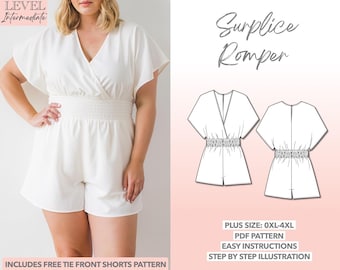Puede incluir: Un mono cruzado blanco con cuello en V y cintura elástica. La imagen incluye una ilustración del patrón y el texto "Surplice Romper", "Plus Size: 0XL-4XL" y "Includes Free Tie Front Shorts Pattern".