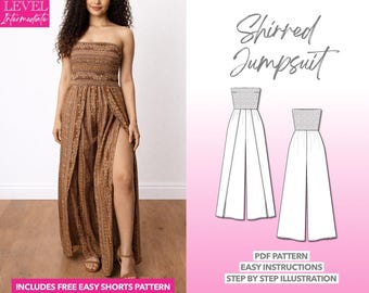 Split Thigh Shirred Tube Jumpsuit Sewing Pattern (PDF Download XS-XXXL)