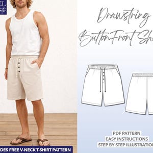 Patrón de costura para pantalones cortos con botones y cordón para hombre (PDF)