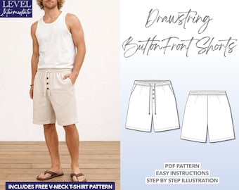 Patrón de costura para pantalones cortos con botones y cordón para hombre (PDF)
