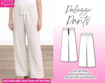 Palazzo-Hosen-Schnittmuster, Sommerhosen-Schnittmuster, Leinenhosen-Schnittmuster, Weites Bein, PDF-Hosen-Schnittmuster für Damen, Einfache Hosen für Nähanfänger