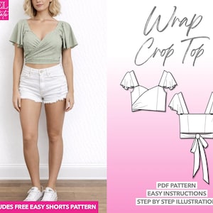 Sweetheart Crop Top Sewing Pattern: Wrap Top PDF (XS-XXXL) + Bonus Shorts