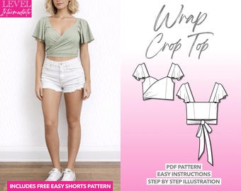Sweetheart Crop Top Sewing Pattern: Wrap Top PDF (XS-XXXL) + Bonus Shorts