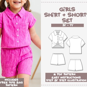 Girls Set Sewing Pattern 3Y-7Y Girl Button Front Shirt and Shorts Set PDF Pattern Short Sleeve Shirt Pattern Shorts Pattern Kid Matching Set