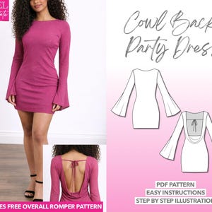 Patrón de costura para minivestido con mangas acampanadas y espalda descubierta (Descarga en PDF, tallas XS-XXXL)