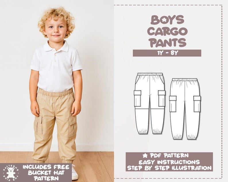 Boys Cargo Pants pdf sewing pattern with easy instructions and step by step illustrations.