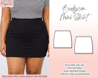 Patrón de costura de falda de tallas grandes, ropa de tallas grandes, patrón de falda fácil, apto para principiantes, costura, patrón de falda ajustada en PDF, patrón de falda de punto, curvy